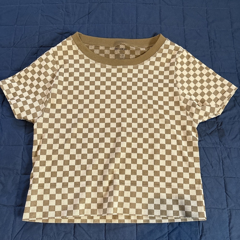 Freshwear Brown Tan Check Board Squares Crop Top M/L Super Soft Top Women's